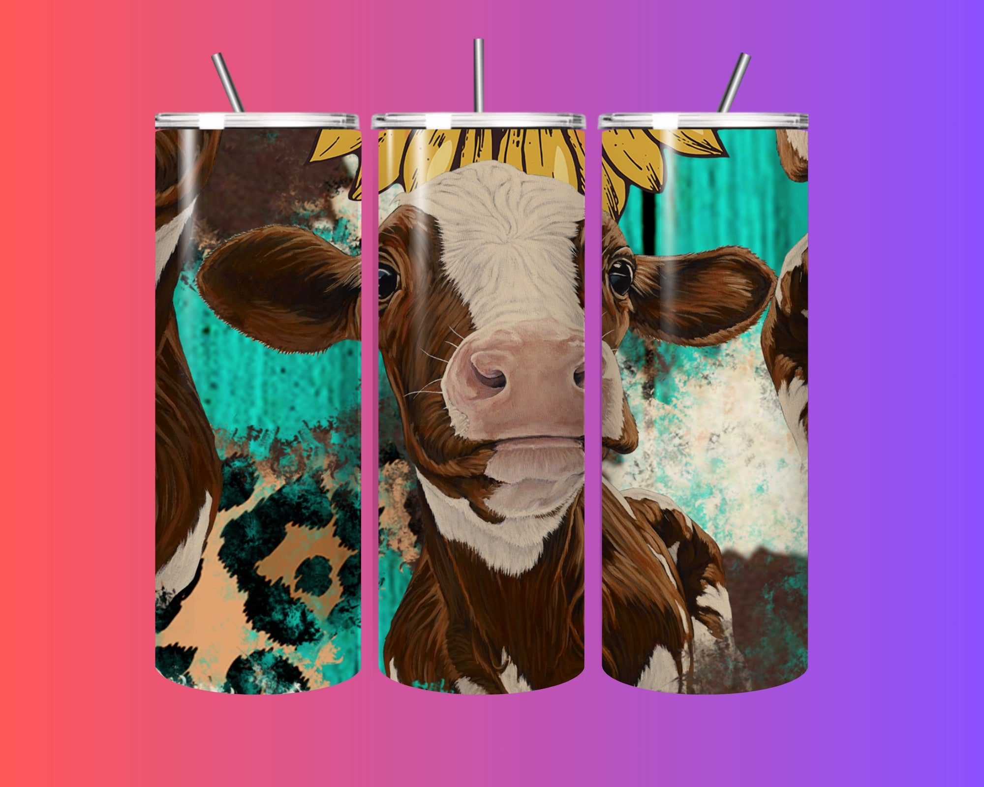 Cow Print Sunflower Tumbler 20oz โ Farmhouse Stainless Steel Travel Cup with Straw | Cute Country Gift for Cow Lovers