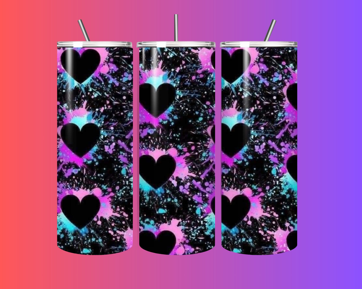 20oz Stainless Steel Tumbler with Straw β Neon Splash Heart Design, Insulated Hot & Cold Cup, Colorful Reusable Drinkware