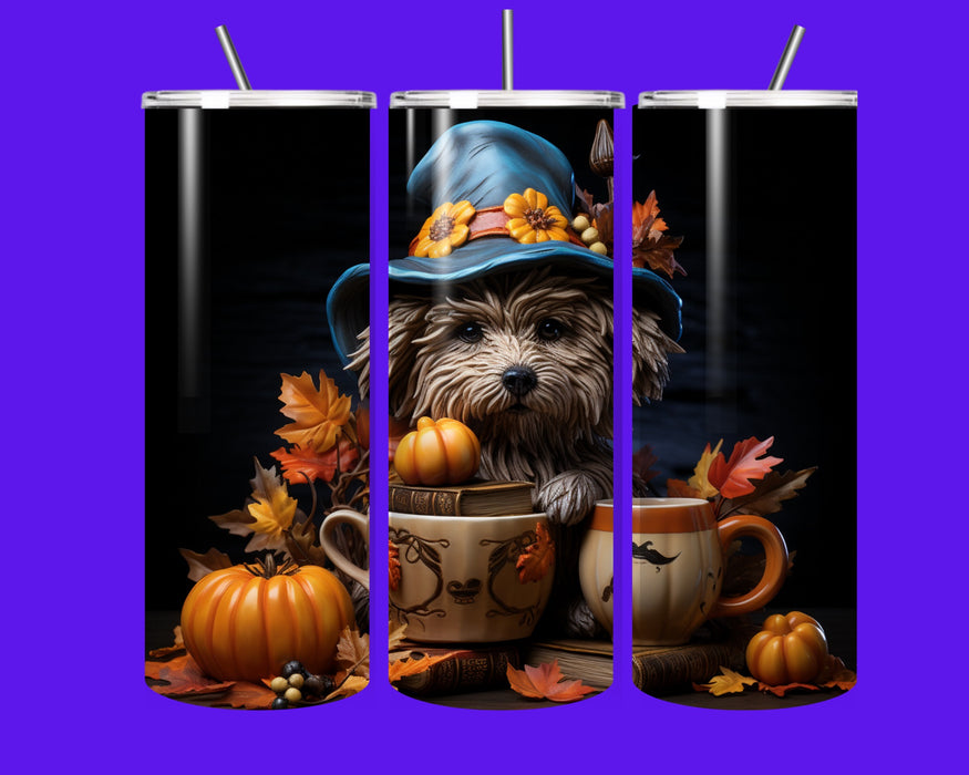 🍂🐶 Fall Magic Puppy Tumbler – 20oz Stainless Steel with Straw 🎃✨