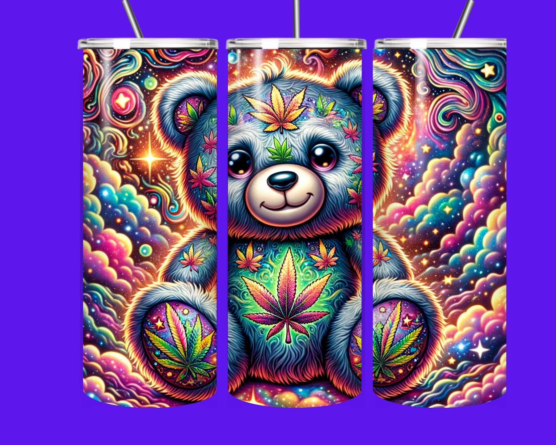 🌈✨ Cosmic Bear Vibes Tumbler – 20oz Stainless Steel with Straw 🐻💨