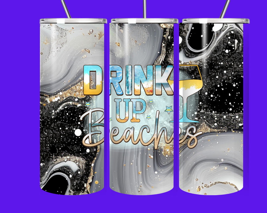 🌴 Drink Up Beaches – 20oz Stainless Steel Tumbler with Straw