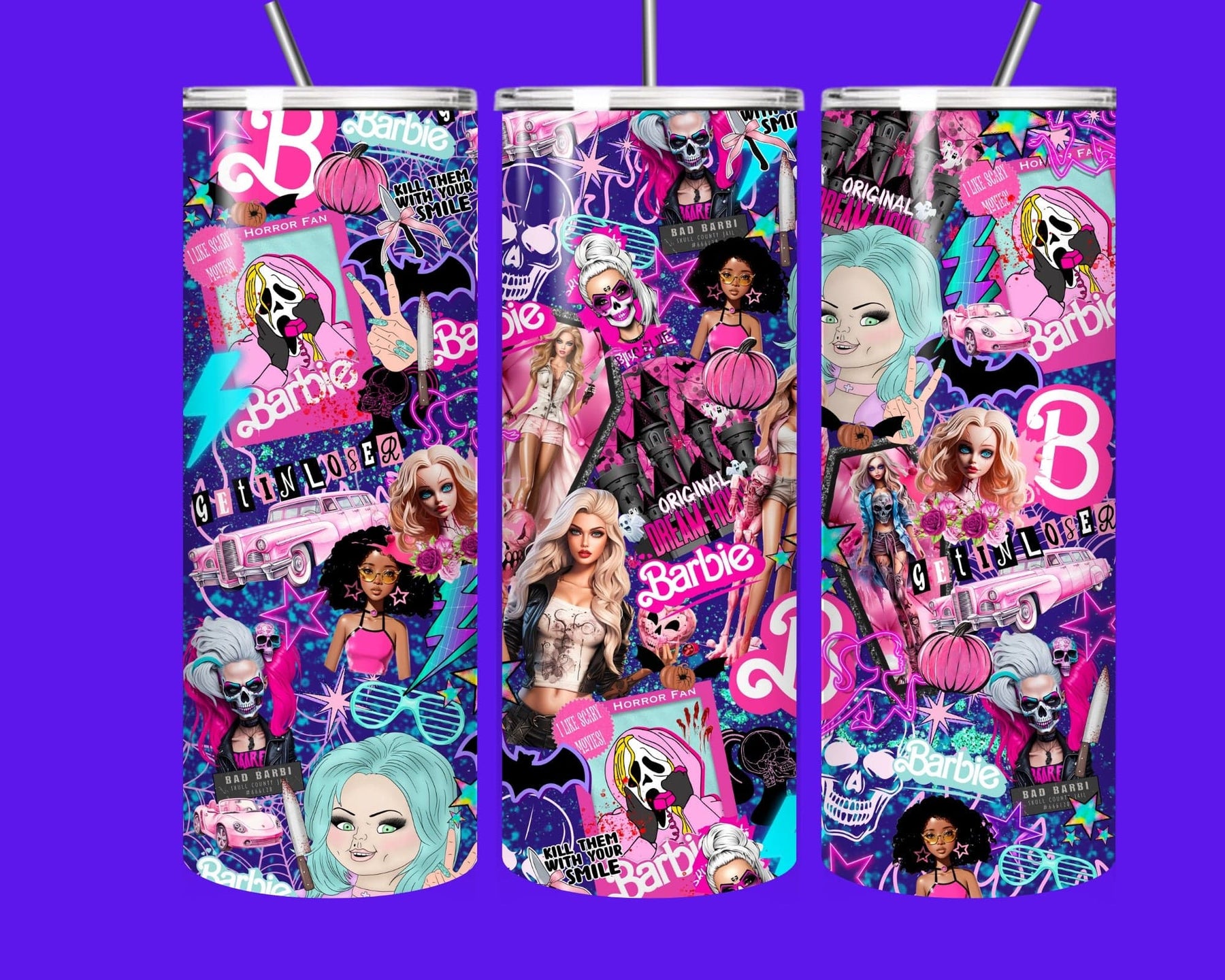 Spooky Barbie Horror Collage 20oz Stainless Steel Tumbler – Pink Gothic Glam Cup with Straw