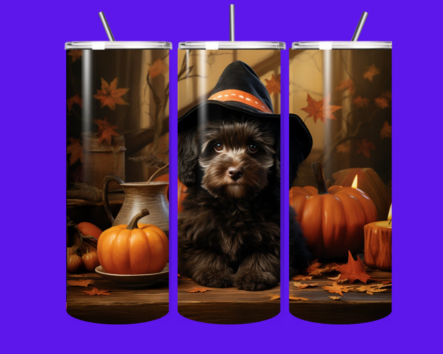 Fall Puppy Witch Tumbler 20oz – Cute Dog Halloween Cup with Straw, Autumn Pumpkin Stainless Steel Skinny Tumbler