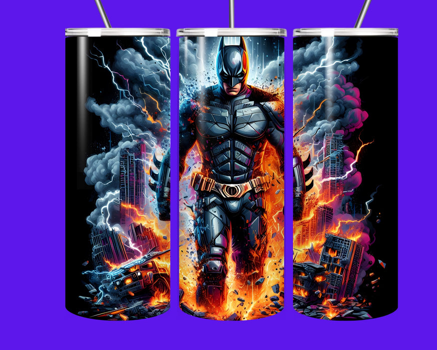 Superhero Fire & Lightning 20oz Stainless Steel Tumbler with Straw – Comic Style Hero Drink Cup, Insulated Travel Mug