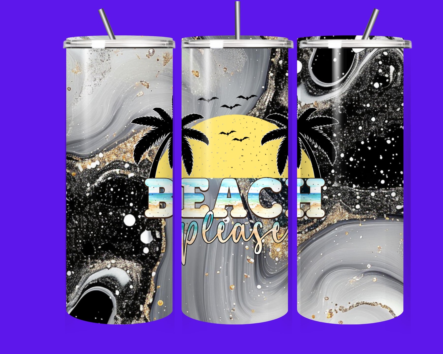 Beach Please Tropical Palm Tree Skinny Tumbler – 20oz Insulated Stainless Steel Cup with Straw | Summer Vacation Drinkware Gift