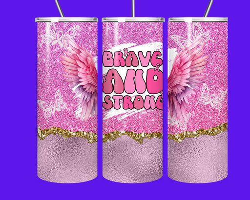 Brave & Strong Pink Angel Wings Tumbler – Breast Cancer Awareness Glitter Stainless Steel Cup with Straw (20oz)