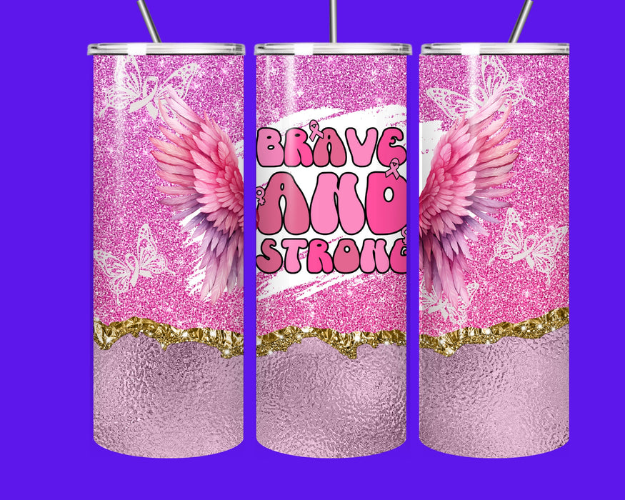 Brave & Strong Pink Angel Wings Tumbler – Breast Cancer Awareness Glitter Stainless Steel Cup with Straw (20oz)