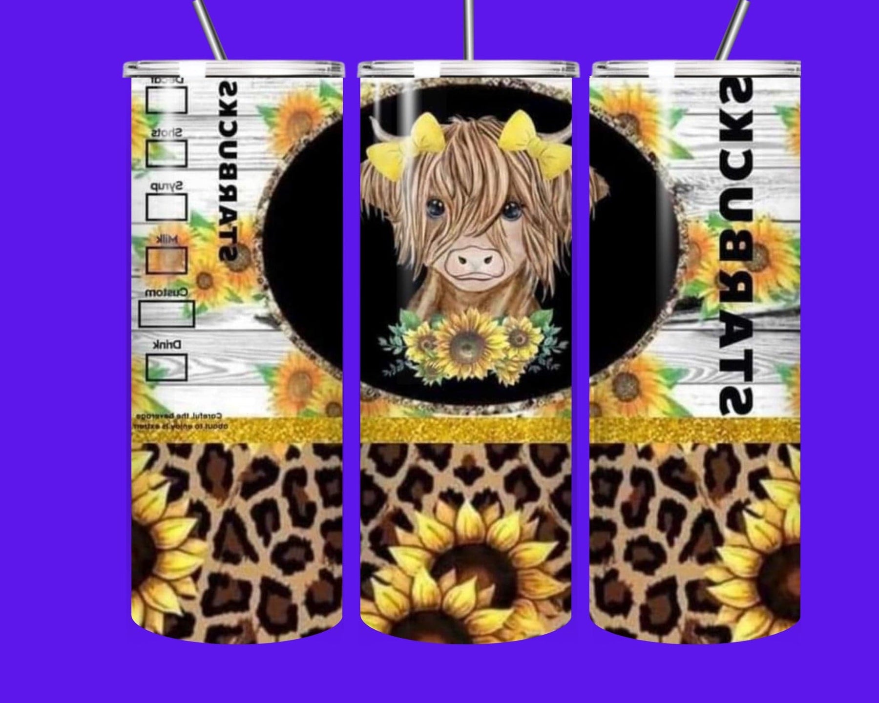 Highland Cow Sunflower Leopard 20oz Stainless Steel Tumbler with Straw | Cute Farmhouse Cow Cup