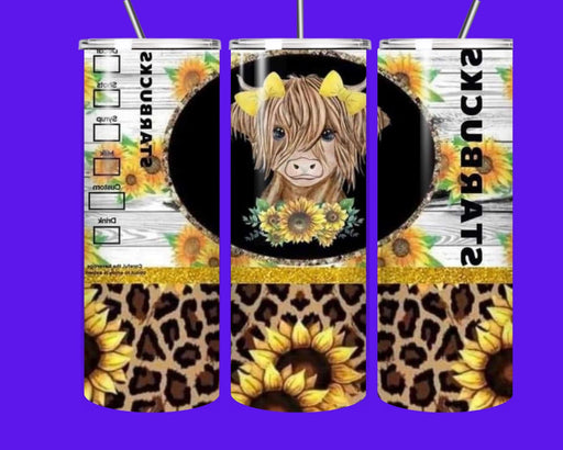Highland Cow Sunflower Leopard 20oz Stainless Steel Tumbler with Straw | Cute Farmhouse Cow Cup