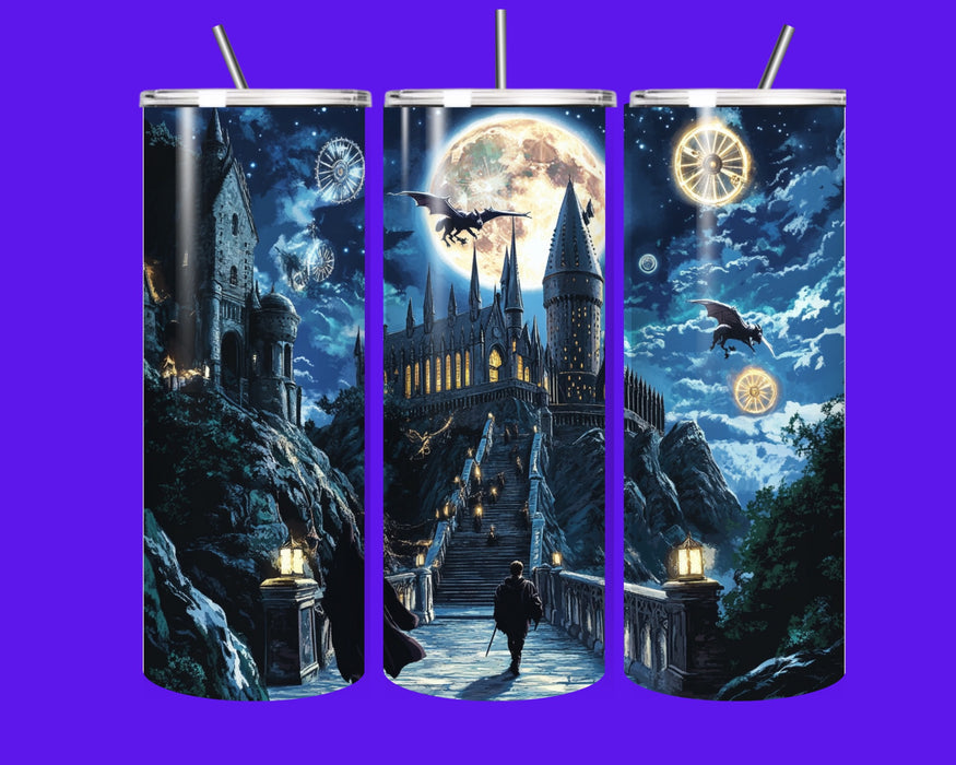 Enchanted Dragon Castle Fantasy Tumbler – 20oz Stainless Steel Moonlight Wizard Cup with Straw | Magical Night Scene Drinkware