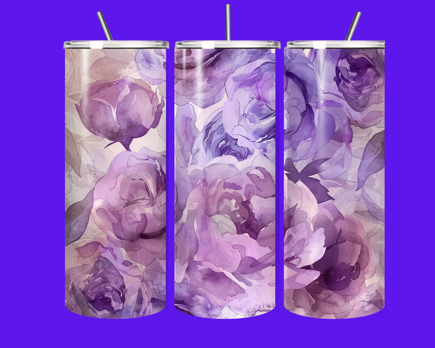 Purple Watercolor Floral 20oz Skinny Tumbler with Straw – Insulated Stainless Steel Floral Drinkware