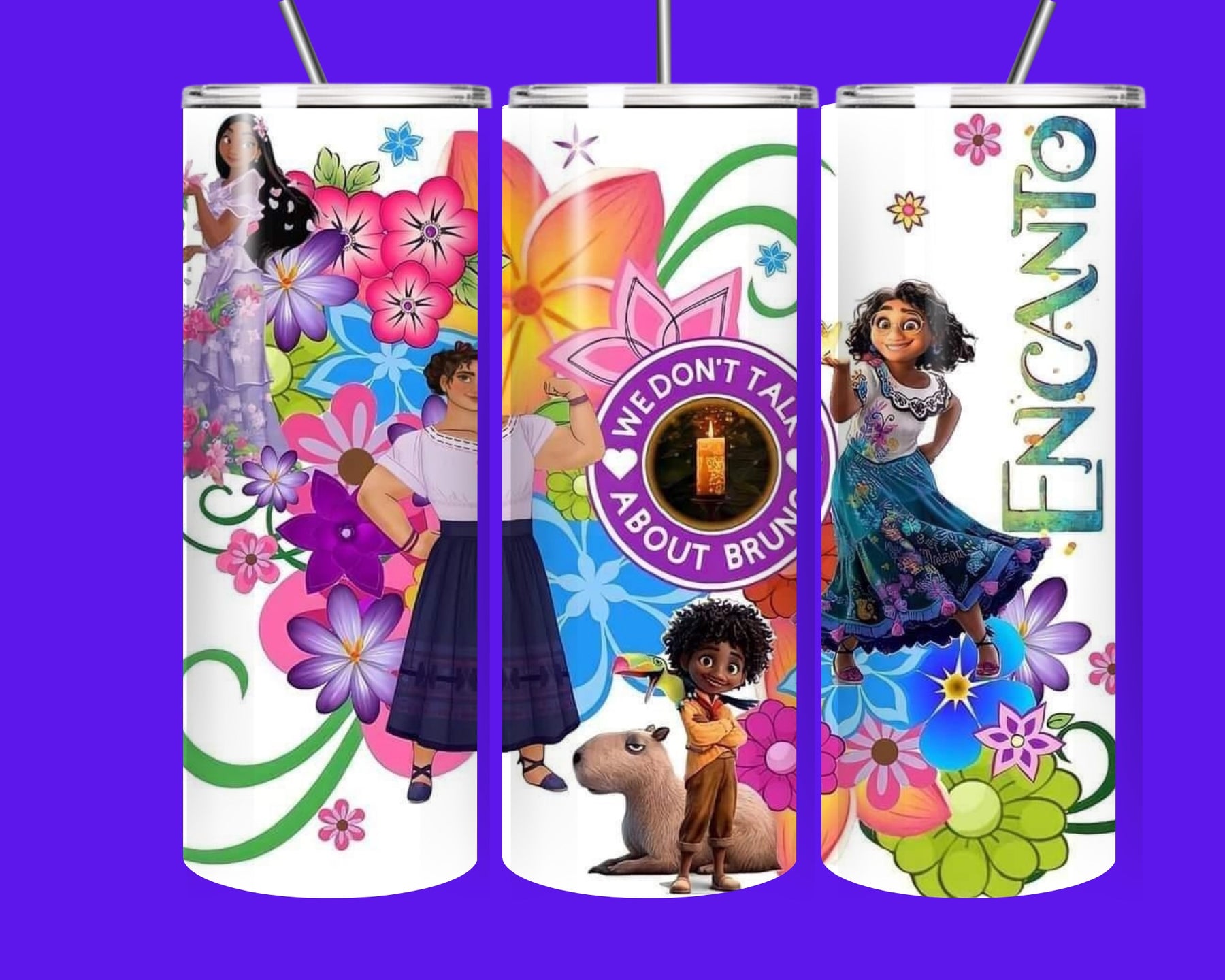 Encanto Inspired 20oz Stainless Steel Tumbler with Straw – We Don’t Talk About Bruno Floral Travel Cup Gift for Her