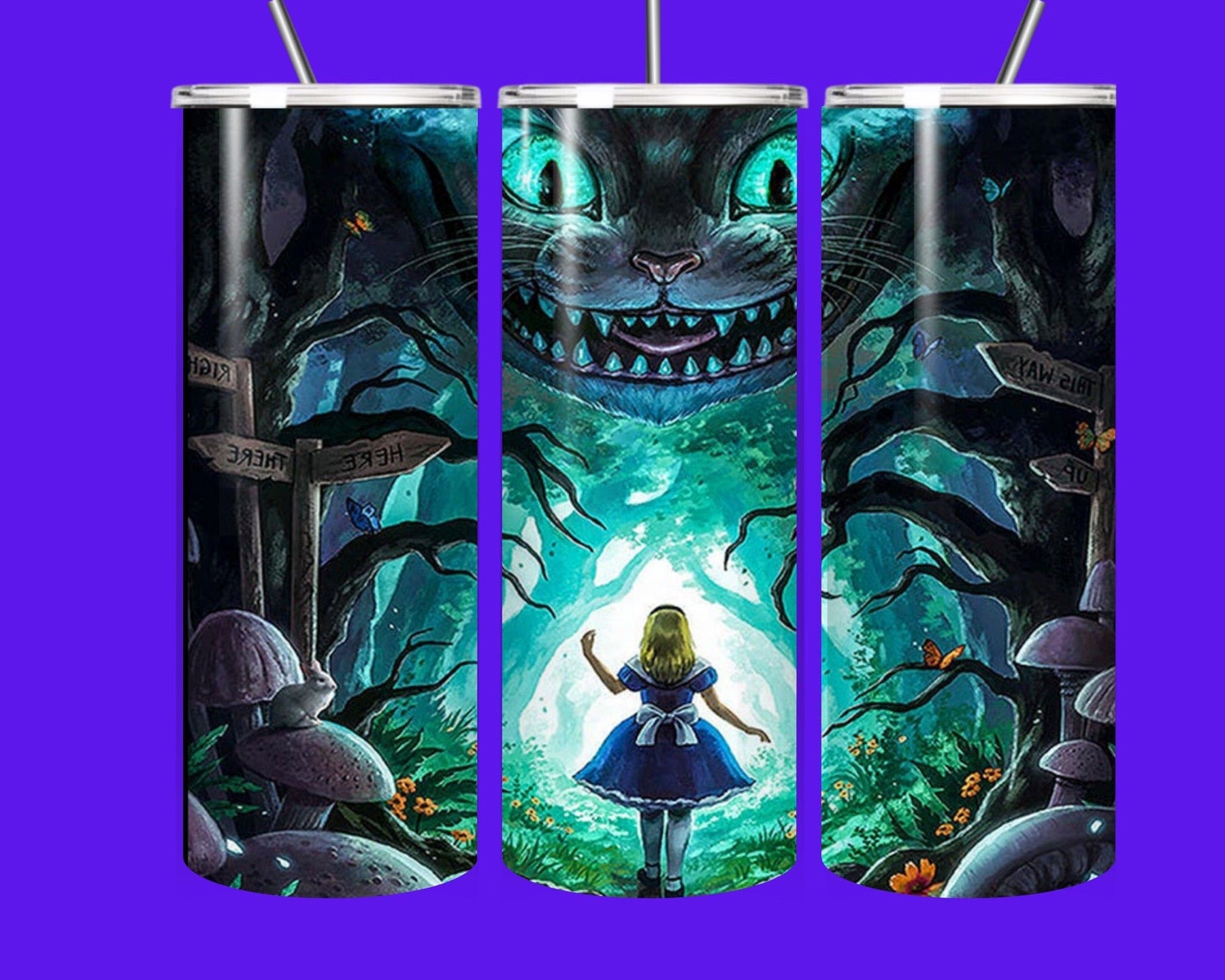 Wonderland Fantasy 20oz Tumbler – Cheshire Cat Glow Forest Cup with Straw | Insulated Stainless Steel Drinkware