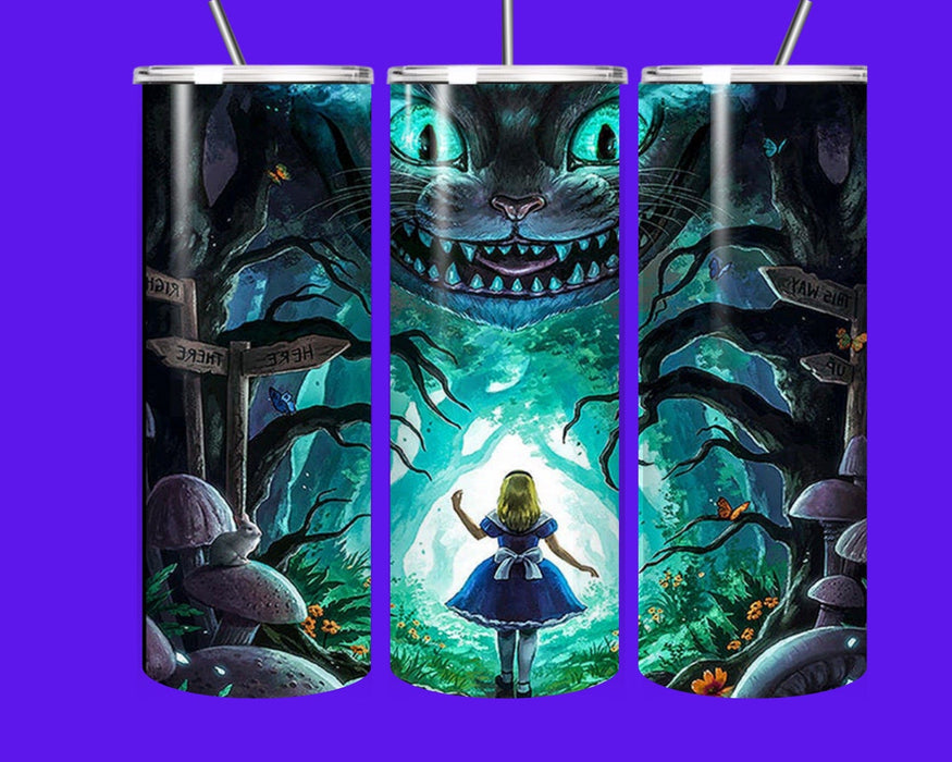 Wonderland Fantasy 20oz Tumbler – Cheshire Cat Glow Forest Cup with Straw | Insulated Stainless Steel Drinkware
