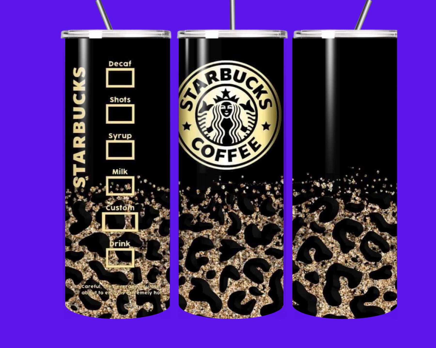 Luxury Leopard Glitter Coffee Tumbler 20oz | Glam Black & Gold Personalized Drink Cup with Straw | Custom Coffee Lover Gift