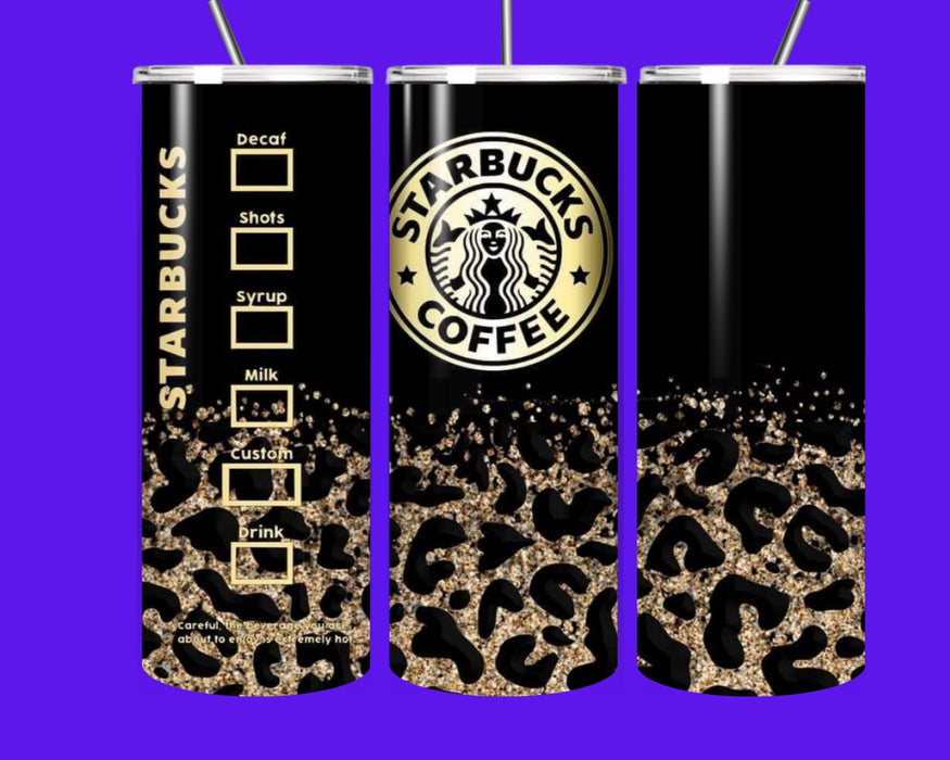 Luxury Leopard Glitter Coffee Tumbler 20oz | Glam Black & Gold Personalized Drink Cup with Straw | Custom Coffee Lover Gift