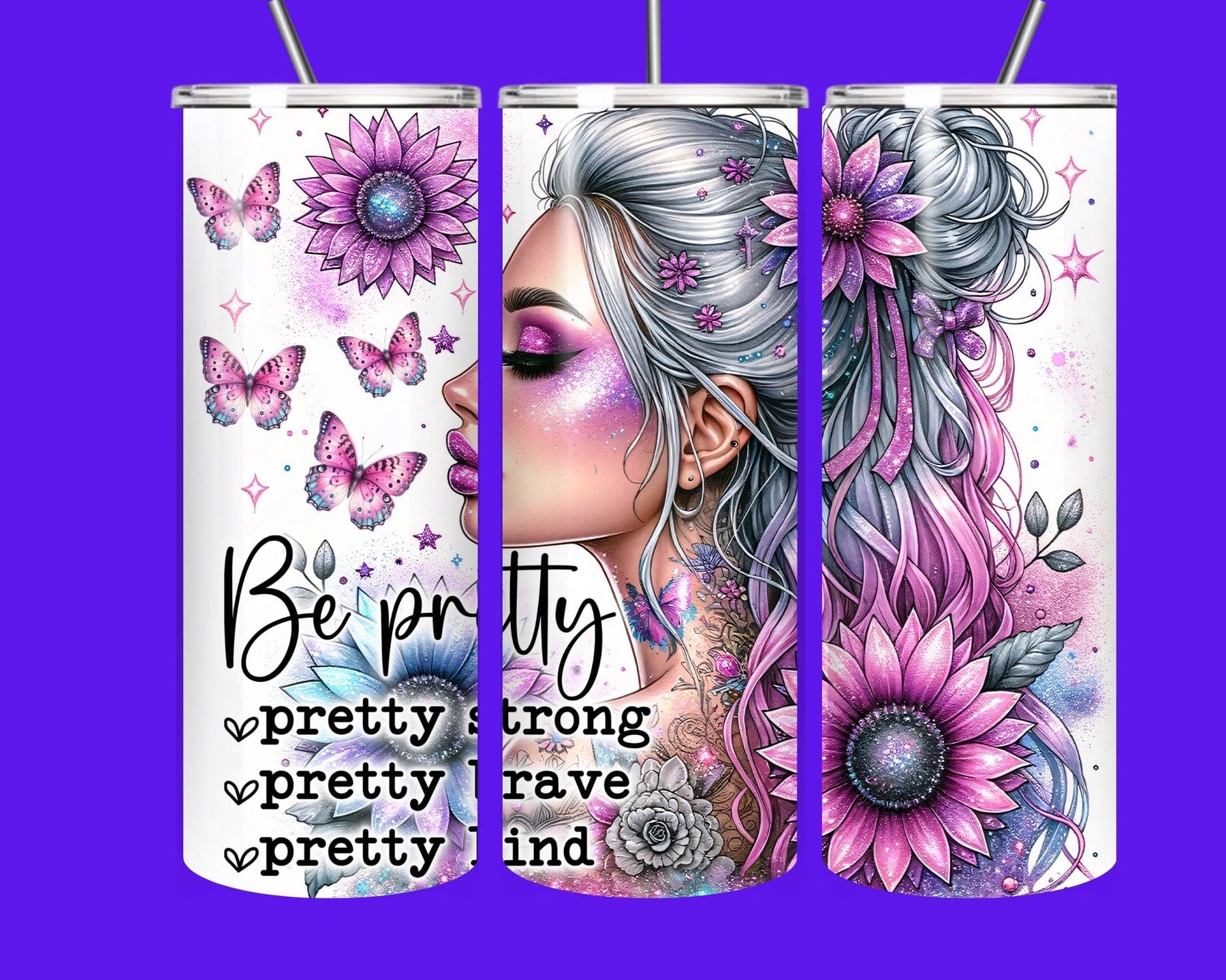 Inspirational Floral Butterfly 20oz Tumbler – “Be Pretty” Motivational Glitter Cup for Women, Stainless Steel Insulated Drinkware