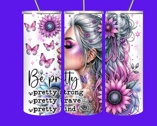 Inspirational Floral Butterfly 20oz Tumbler – “Be Pretty” Motivational Glitter Cup for Women, Stainless Steel Insulated Drinkware