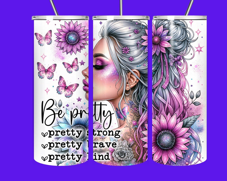 Inspirational Floral Butterfly 20oz Tumbler – “Be Pretty” Motivational Glitter Cup for Women, Stainless Steel Insulated Drinkware