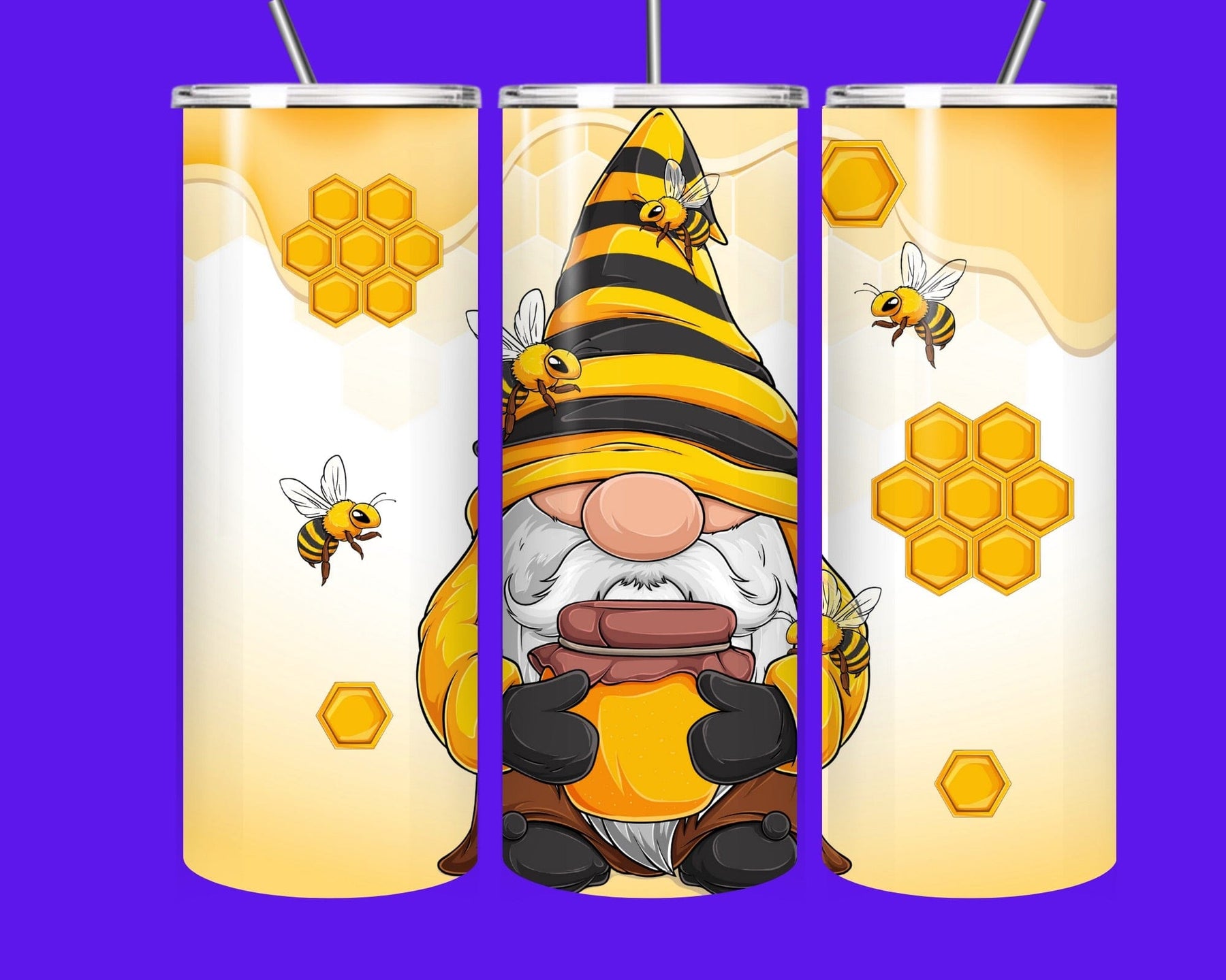 Honey Gnome Bee Tumbler 20oz | Cute Bee & Honeycomb Stainless Steel Skinny Cup with Straw