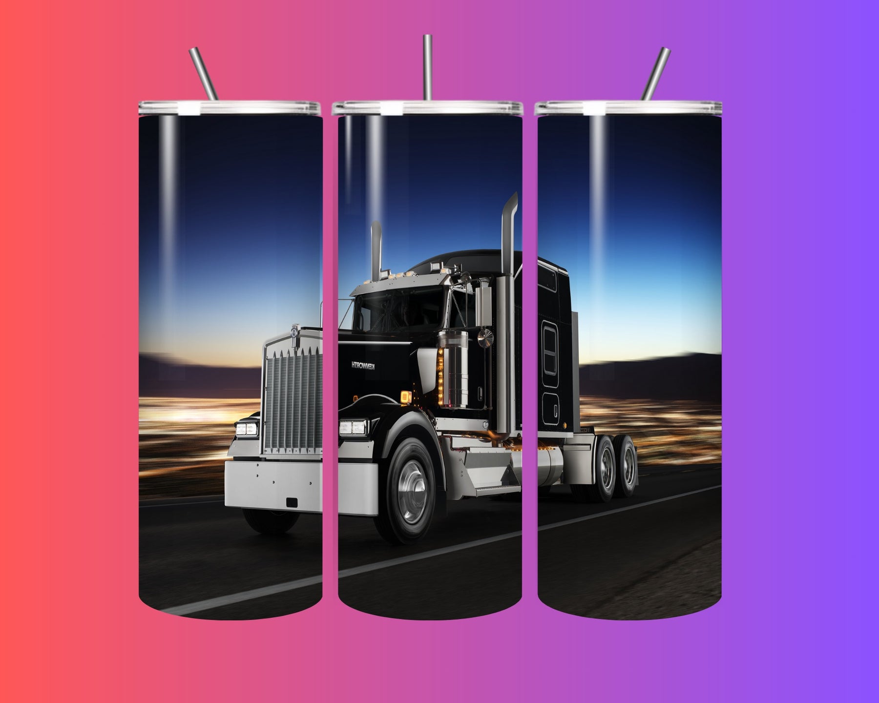 Big Rig Black Semi Truck Tumbler 20oz – Stainless Steel Travel Cup with Straw