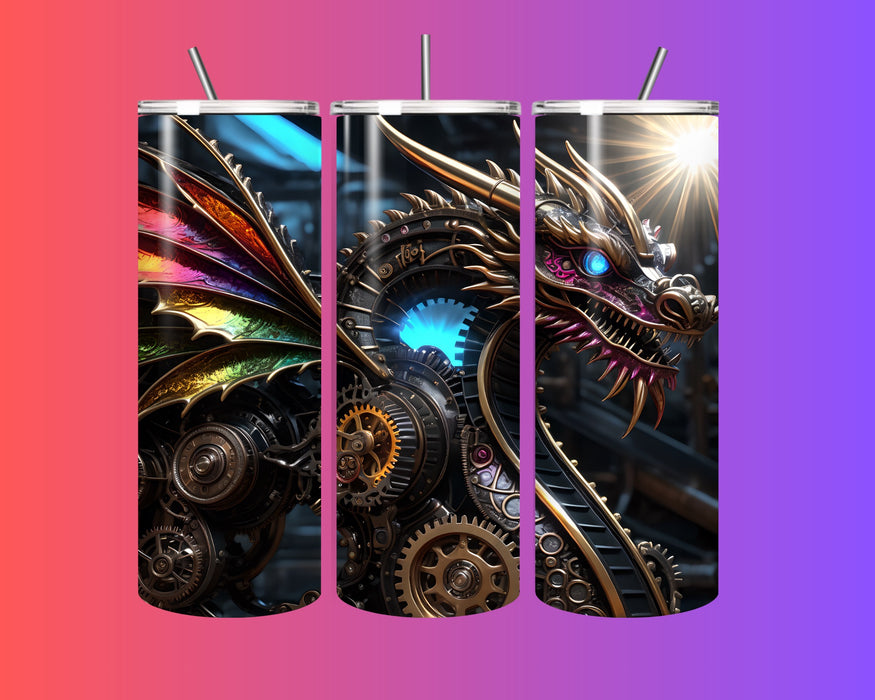 Steampunk Dragon 20oz Stainless Steel Tumbler with Straw – Fantasy Rainbow Gear Cup for Hot & Cold Drinks