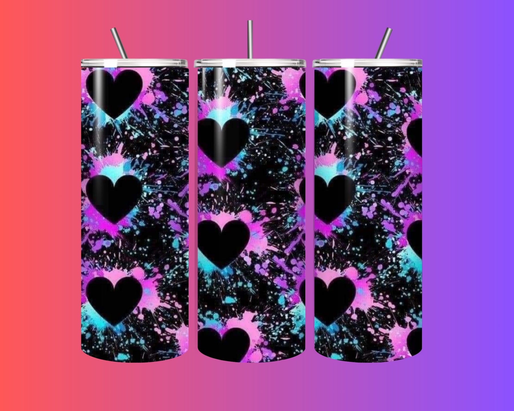 20oz Stainless Steel Tumbler with Straw – Neon Splash Heart Design, Insulated Hot & Cold Cup, Colorful Reusable Drinkware