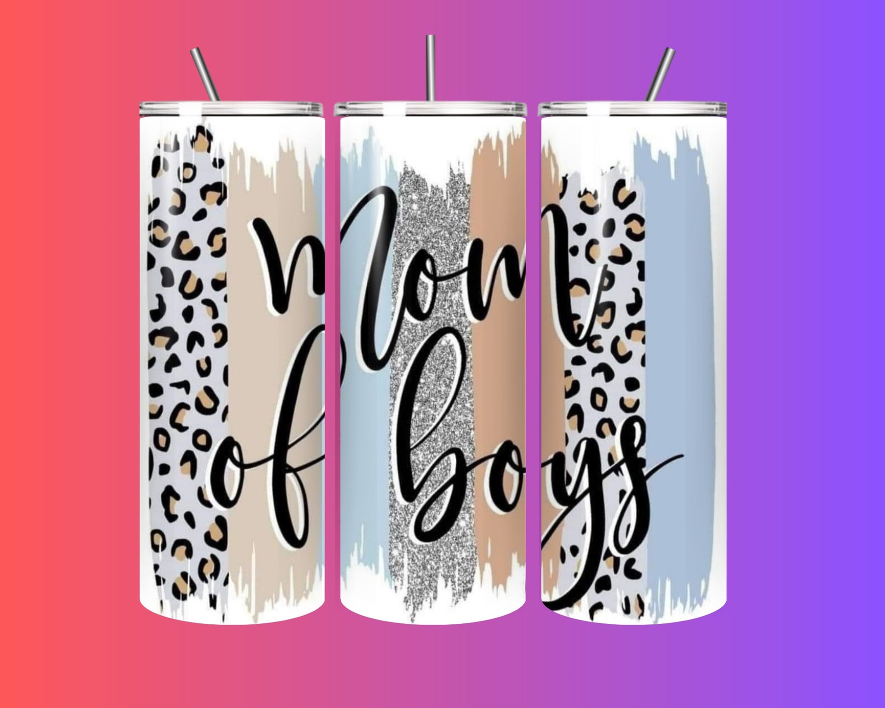 “Mom of Boys” 20oz Stainless Steel Tumbler with Straw – Chic Leopard & Glitter Design 🐆✨💙