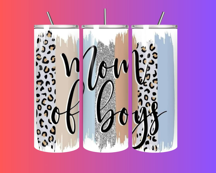“Mom of Boys” 20oz Stainless Steel Tumbler with Straw – Chic Leopard & Glitter Design 🐆✨💙
