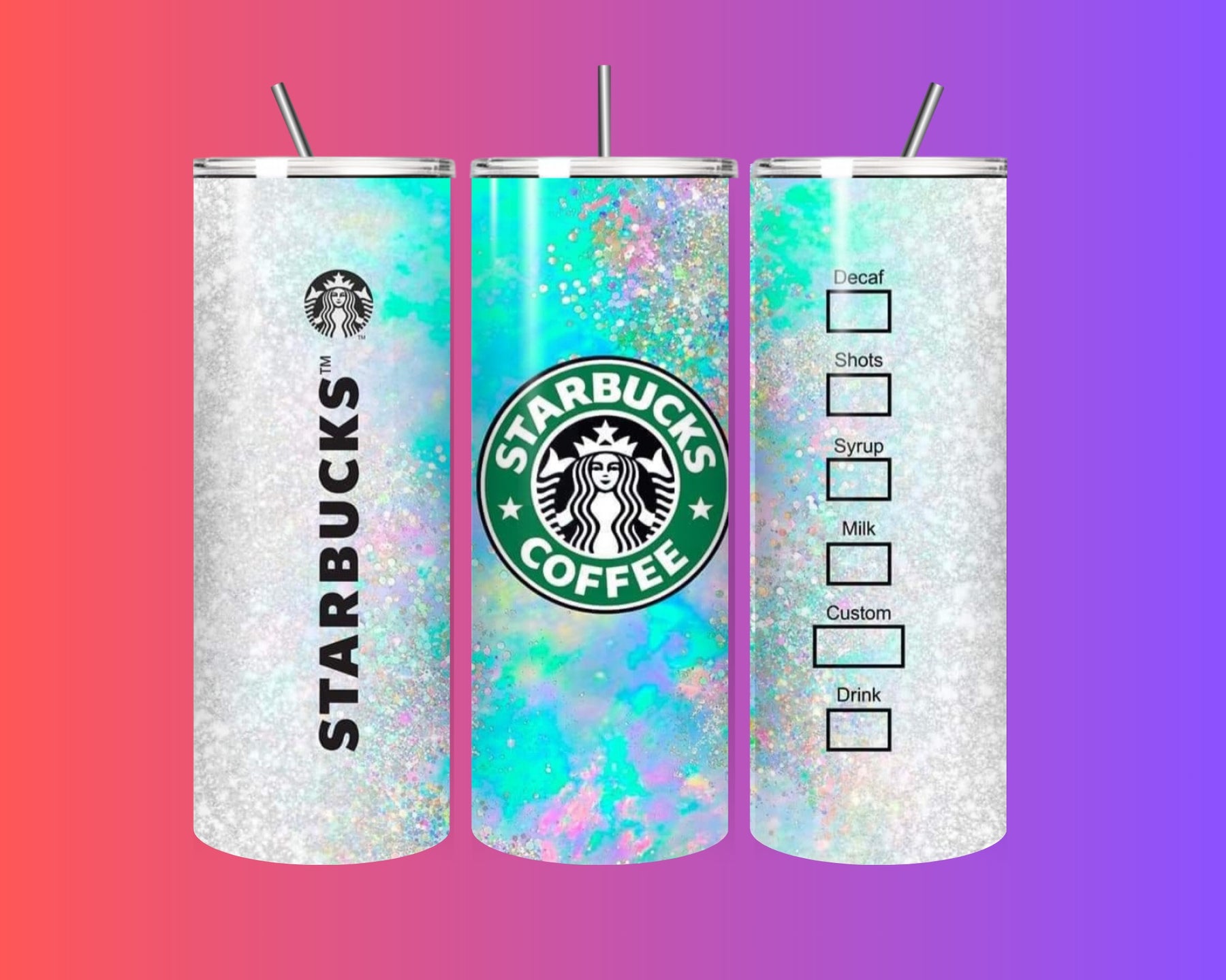 🌈✨ Starbucks-Inspired Glitter Holographic Tumbler – 20oz Stainless Steel with Straw