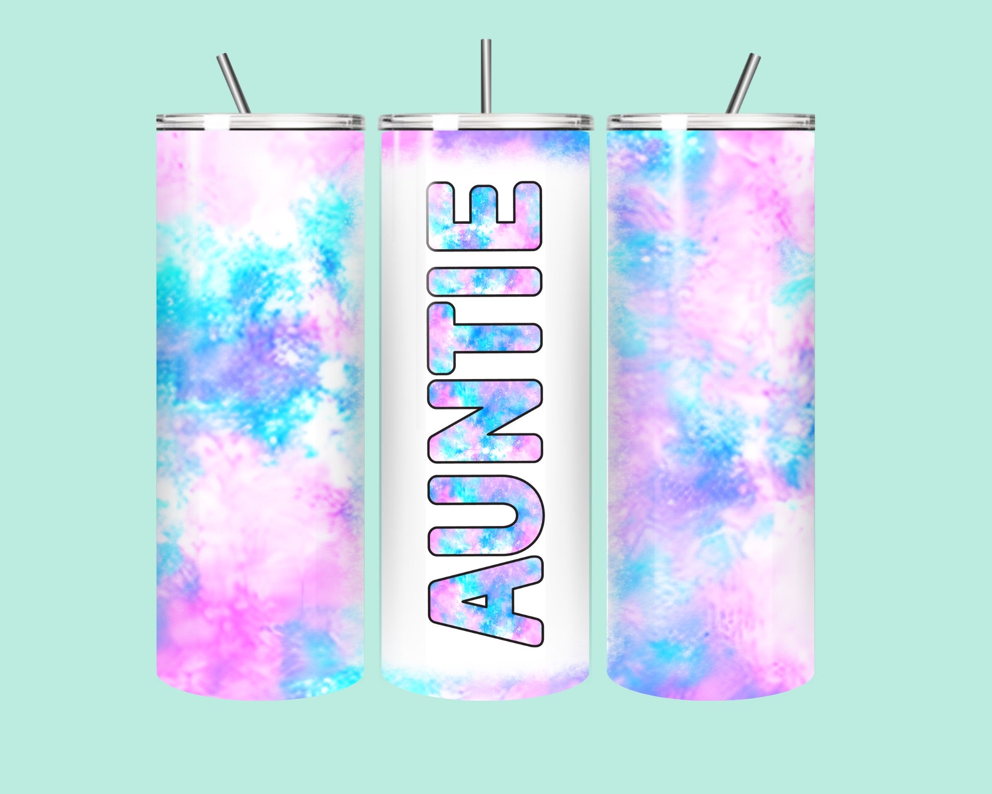 🌸✨ Auntie Love Tie-Dye Tumbler – 20oz Stainless Steel with Straw ✨🌸