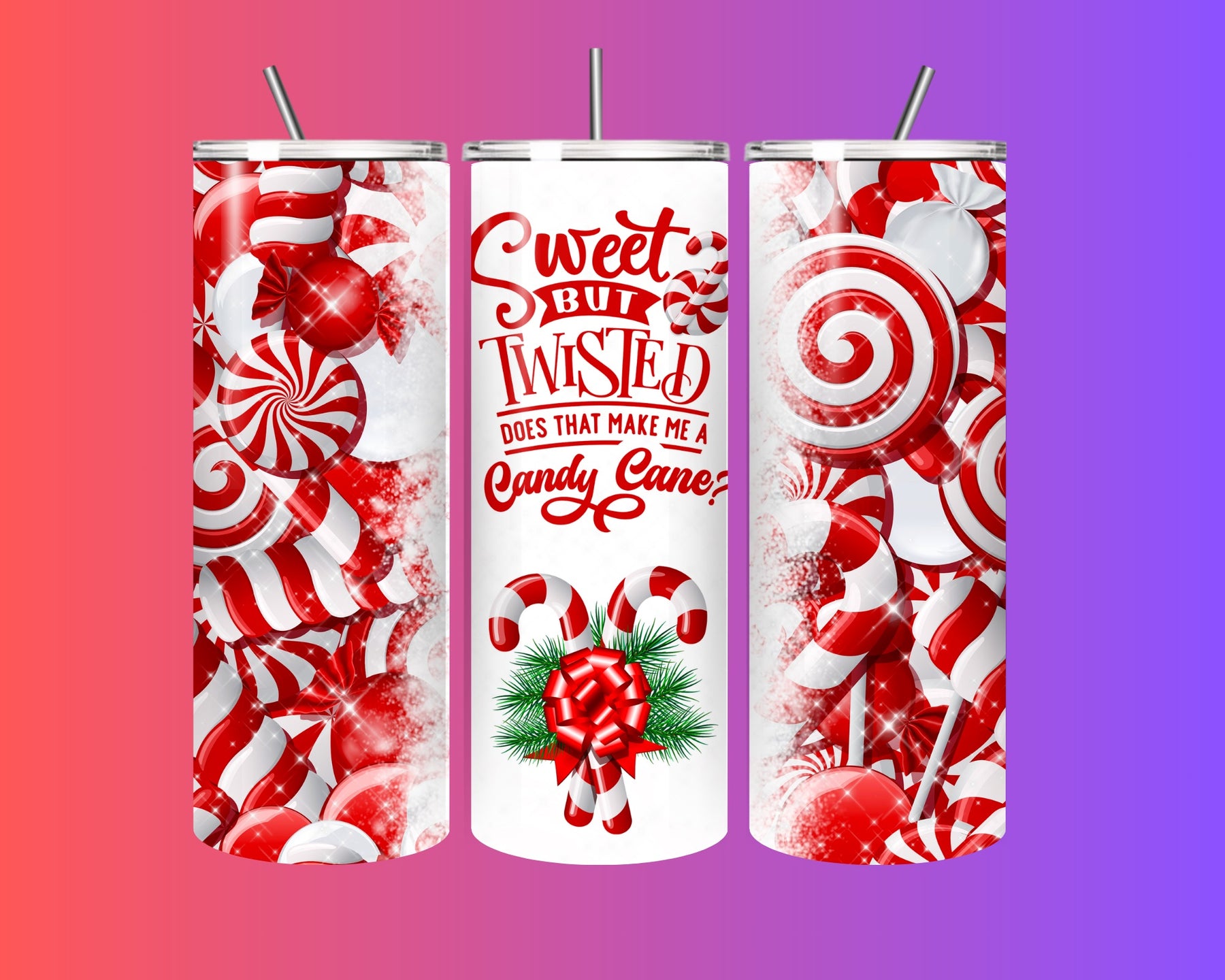 🎄 Sweet But Twisted Candy Cane Tumbler – 20oz Stainless Steel w/ Straw 🎁✨