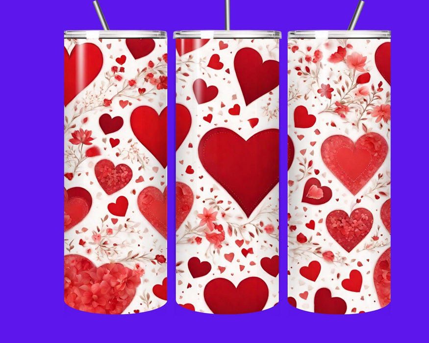20oz Valentine’s Hearts Tumbler – Floral Red Heart Skinny Tumbler with Straw | Romantic Gift for Her