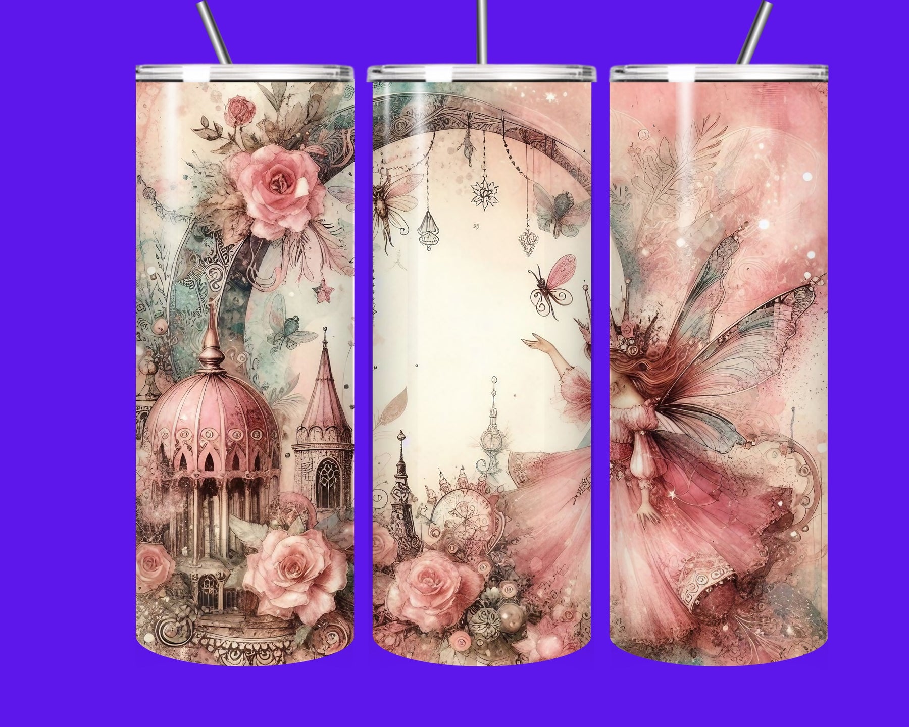 Enchanted Fairy Castle Rose Tumbler – 20oz Stainless Steel Fantasy Floral Cup with Straw