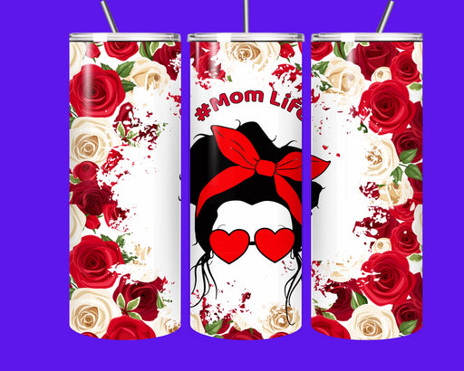 #MomLife Floral Stainless Steel Tumbler 20oz – Insulated Coffee Cup with Straw, Gift for Moms