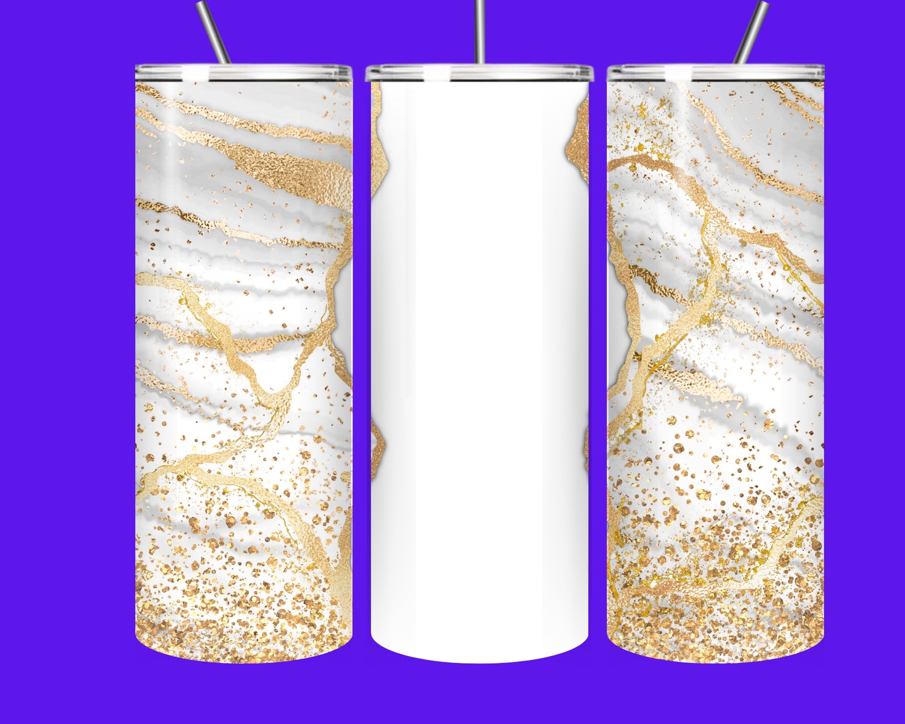 White & Gold Marble 20oz Skinny Tumbler – Luxury Insulated Stainless Steel Cup with Straw
