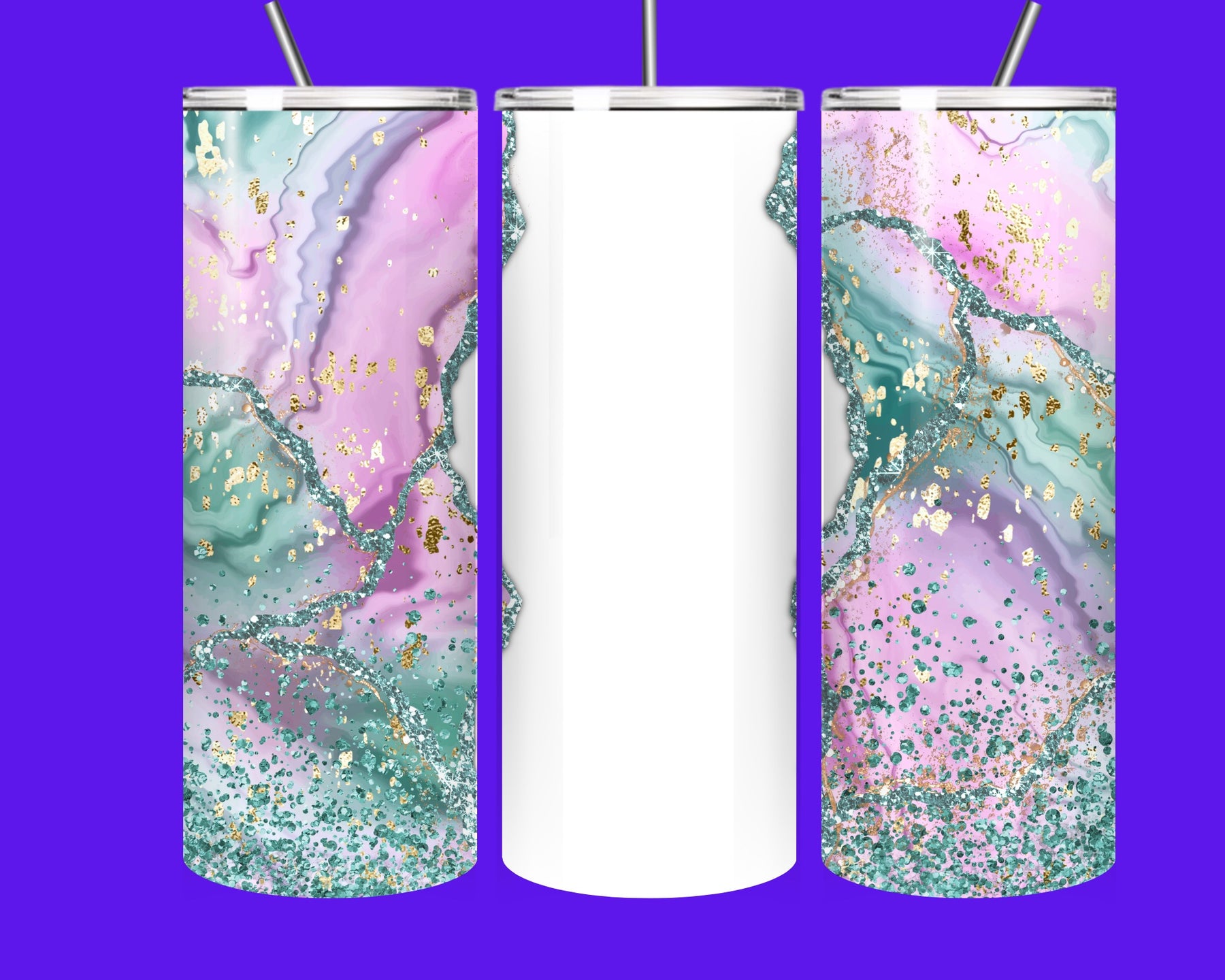 Blush Pink & Teal Geode Glitter Tumbler – 20oz Insulated Stainless Steel Cup with Straw