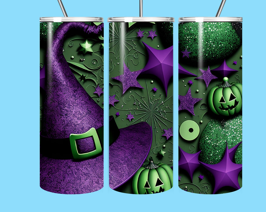 Witchy Halloween 20oz Skinny Tumbler – Purple & Green Spooky Pumpkin Stainless Steel Cup with Straw