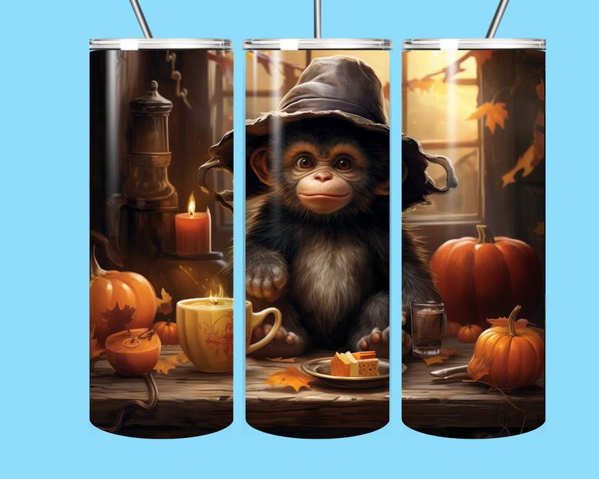 Cute Witch Monkey Fall Tumbler – Cozy Autumn Pumpkin Coffee 20oz Skinny Stainless Steel Cup with Straw