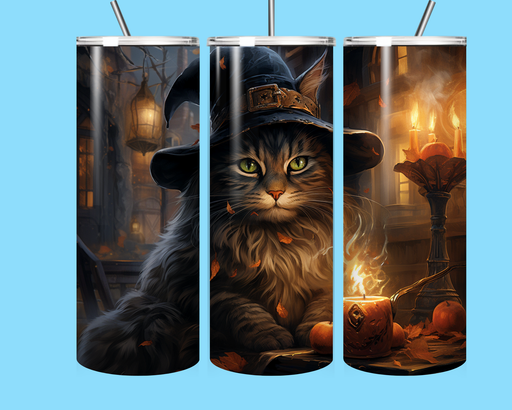 Mystical Witch Cat Halloween Tumbler – 20oz Stainless Steel Fall Fantasy Coffee Cup with Straw | Spooky Autumn Cat Gift