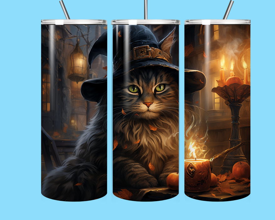 Mystical Witch Cat Halloween Tumbler – 20oz Stainless Steel Fall Fantasy Coffee Cup with Straw | Spooky Autumn Cat Gift
