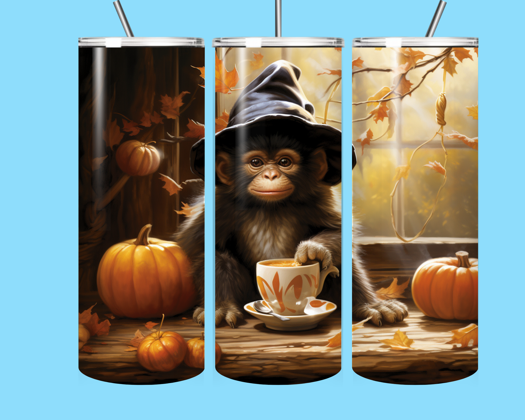 Autumn Monkey Witch Tumbler 20oz – Fall Coffee Cup with Straw, Cute Pumpkin Spice Stainless Steel Gift