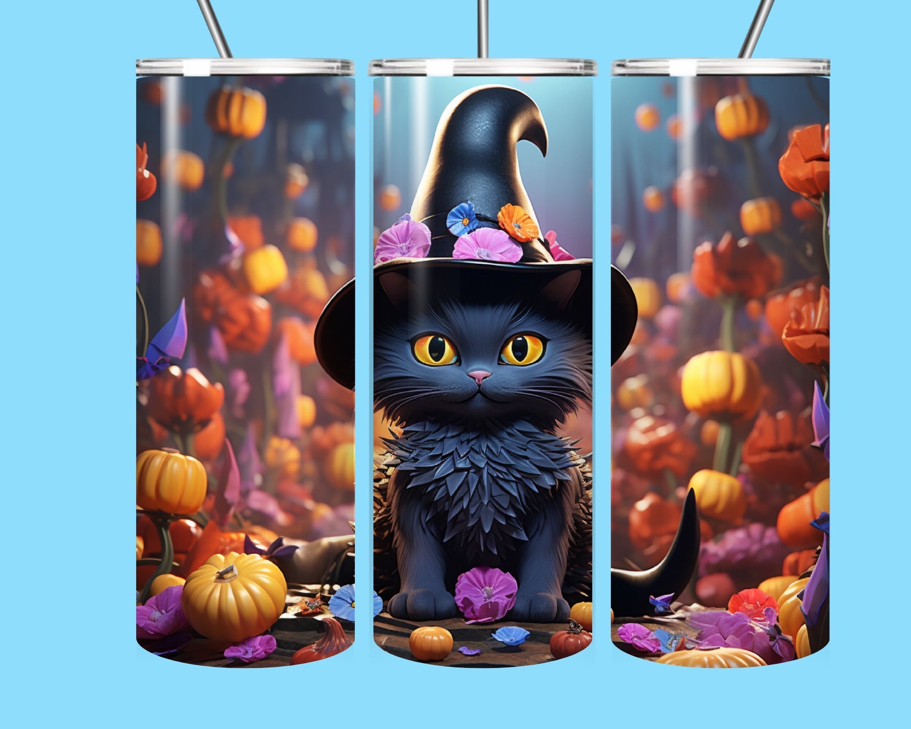 Whimsical Witch Cat 20oz Skinny Tumbler – Cute Black Cat Pumpkin Fall Halloween Cup with Straw