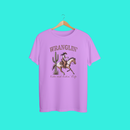 Wranglin’ Kids and Ridin’ Life Western Cowgirl Graphic Tee – Rodeo Mom T-Shirt Lilac Country Style