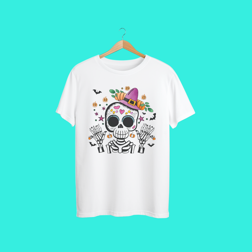 "Cute Witch Skull Halloween T-Shirt | Spooky Season Graphic Tee with Pumpkins, Bats & Witch Hat"