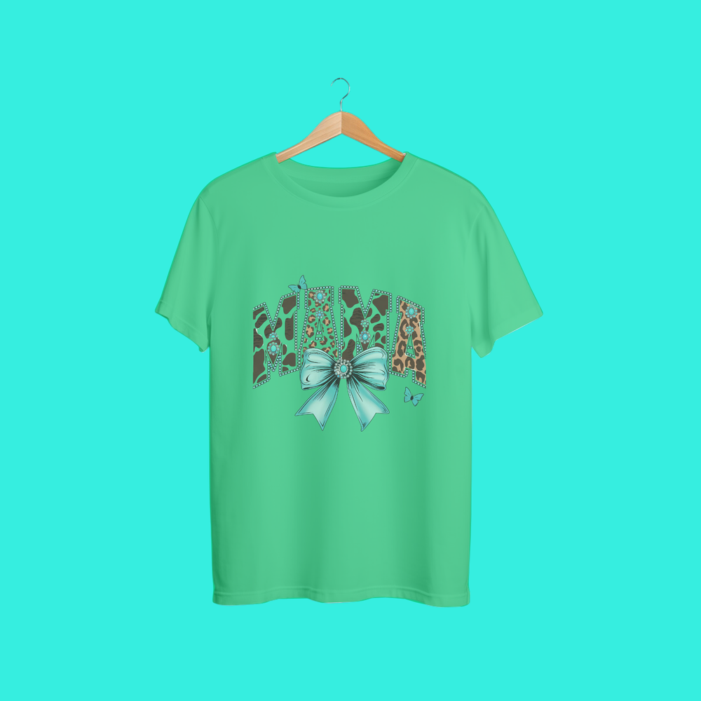 “Mama Leopard Print Graphic Tee with Teal Bow – Cute Mother’s Day Gift Shirt for Moms”