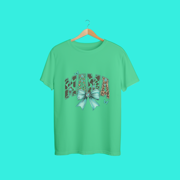 “Mama Leopard Print Graphic Tee with Teal Bow – Cute Mother’s Day Gift Shirt for Moms”