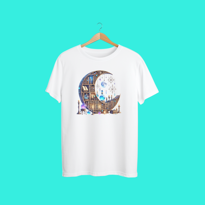 “Celestial Moon Bookshelf T-Shirt | Magical Fantasy Graphic Tee for Book Lovers, Dreamers & Witchy Souls”