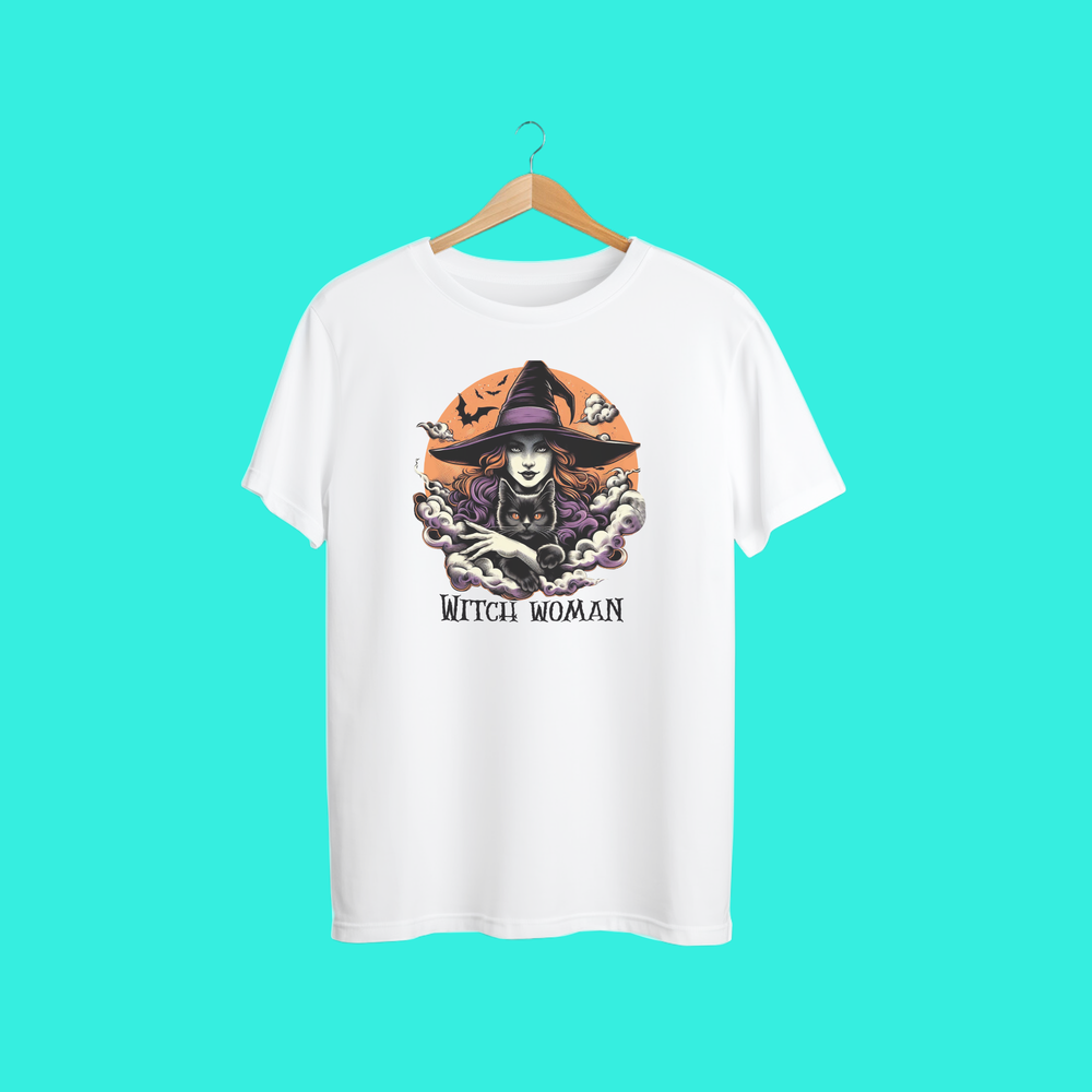 Witch Woman T-Shirt – Halloween Witch Graphic Tee with Black Cat & Spooky Moon