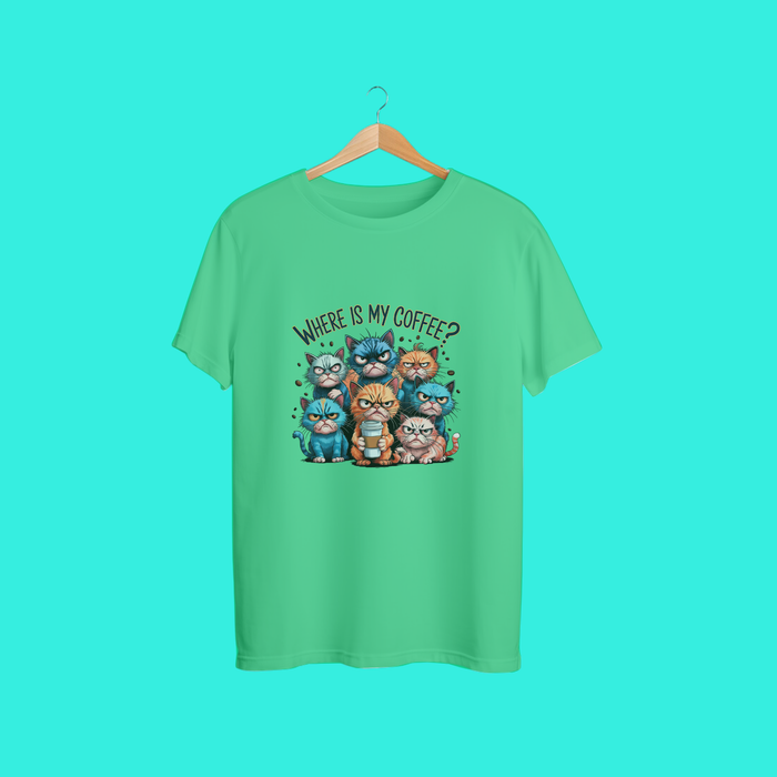 Funny Cat Coffee Shirt – “Where Is My Coffee?” Graphic Tee for Coffee Lovers & Cat Owners